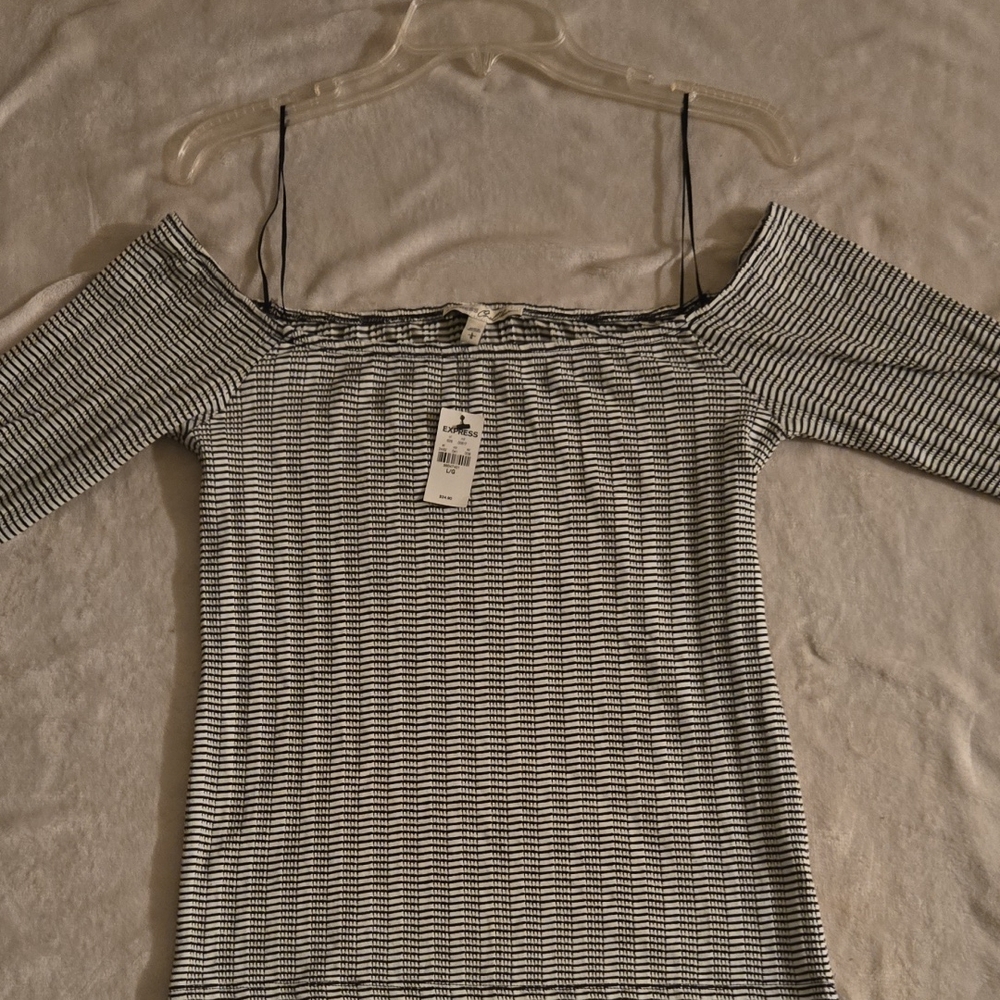 Express Gray Ribbed Fitted Long Sleeve Blouse